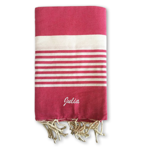 Traditionelles Fouta-Strandtuch gestreift mit Namensstickerei Traditionelles Fouta-Strandtuch gestreift mit Namensstickerei