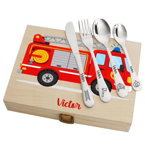 Geschenkset Feuerwehrauto mit personalisiertem Besteck Geschenkset Feuerwehrauto mit personalisiertem Besteck