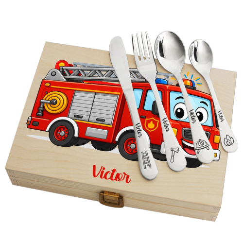Geschenkset Feuerwehrauto mit personalisiertem Besteck Geschenkset Feuerwehrauto mit personalisiertem Besteck