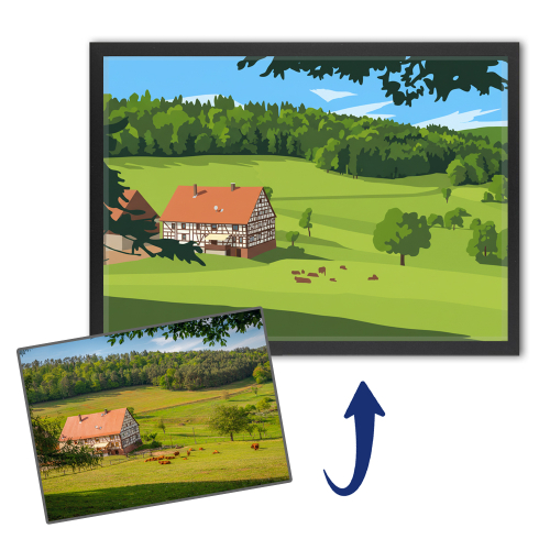 Porträt eines Hauses im Flat-Design nach einem Foto Porträt eines Hauses im Flat-Design nach einem Foto