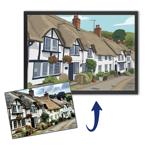 Porträt eines Hauses im Flat-Design nach einem Foto Porträt eines Hauses im Flat-Design nach einem Foto