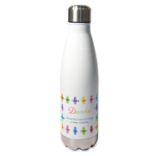 Personalisierte Thermosflasche Buntstift-Motiv mit Namen Personalisierte Thermosflasche Buntstift-Motiv mit Namen