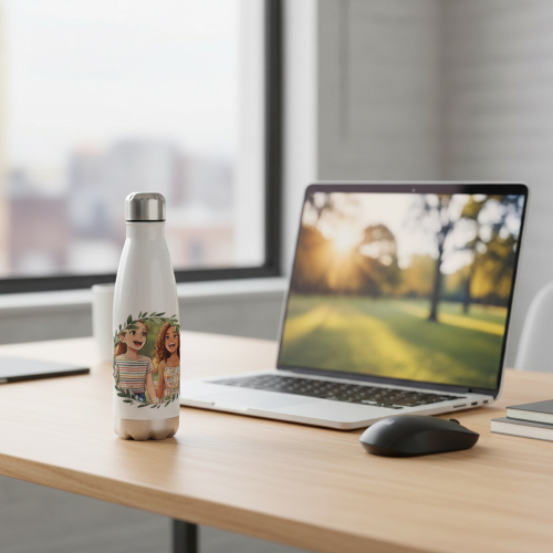 Trinkflasche im Hochformat in einem pflanzlichen Rahmen Trinkflasche im Hochformat in einem pflanzlichen Rahmen