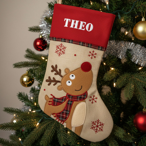 Weihnachtsstiefel in Leinenoptik mit schottischer Borte Weihnachtsstiefel in Leinenoptik mit schottischer Borte