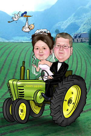 Hochzeitspaar auf Traktor/Trecker