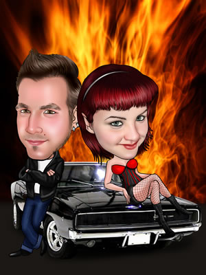 Paar auf Motorhaube vor Feuer