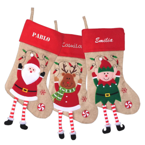 Bestickter Weihnachtsstrumpf mit Weihnachtsfiguren und Namen