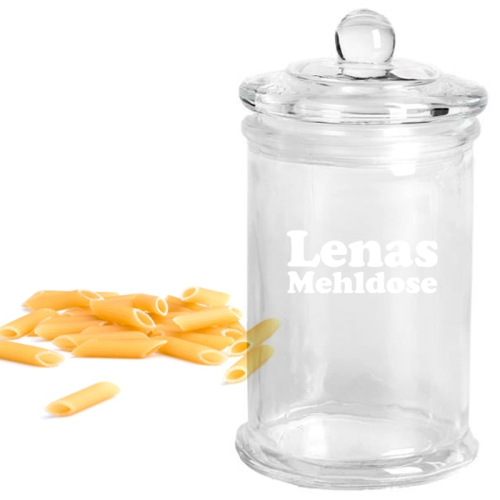Behälter aus Glas mit Text-Gravur
