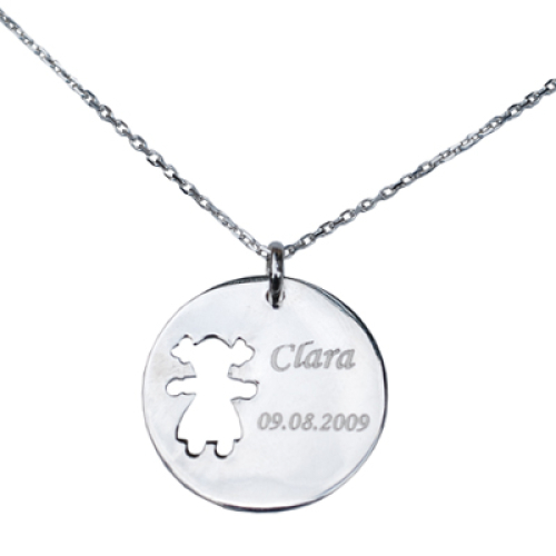 Anhänger rund mit Mädel und Gravur aus Silber