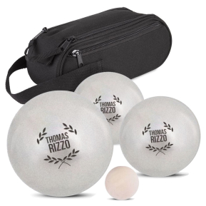 Boule-Spiel mit eingraviertem Motiv und Namen Boule-Spiel mit eingraviertem Motiv und Namen