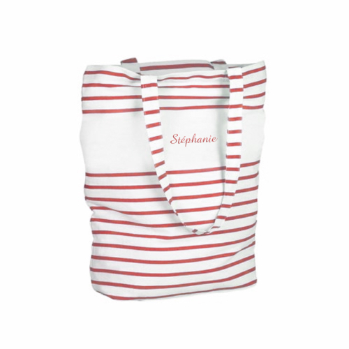 Shopping Bag gestreift mit Stickerei rot