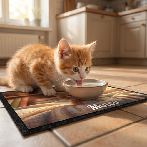 Personalisierte Napfunterlage im 3D-Animationsstil f&uuml;r Hund oder Katze