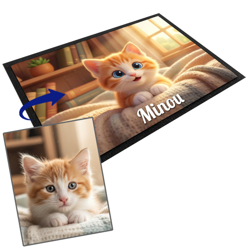 Personalisierte Napfunterlage im 3D-Animationsstil f&uuml;r Hund oder Katze