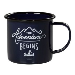 Emaillierte Tasse "The Adventure Begins" dunkeblau