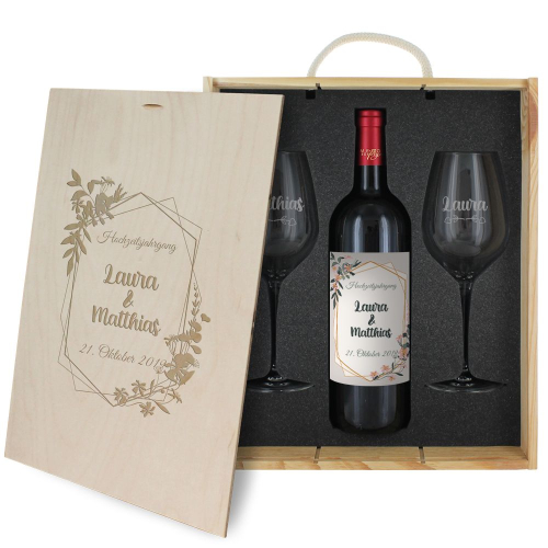 Weinbox mit Gläsern und personalisiertem Logo Hochzeit