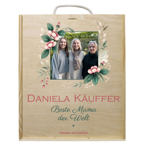 Weinkiste mit Fotodruck Bl&uuml;tenrahmen