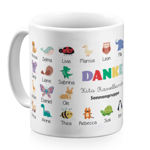 Personalisierte Tasse Danke mit Tieren und Vornamen