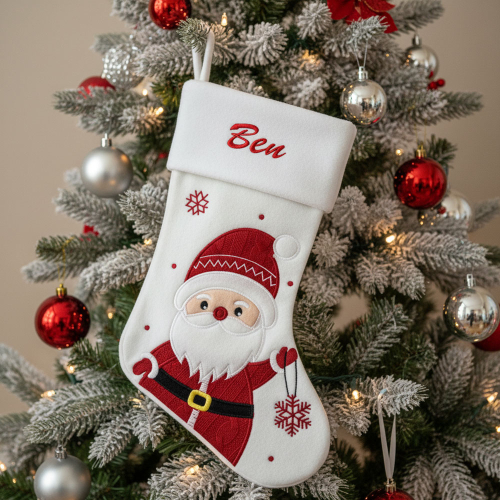 Weiße Weihnachtsstiefel mit einem Namen bestickt