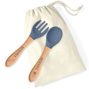 Babybesteck aus Holz und Silikon mit Motiv- und Namensgravur Weltall