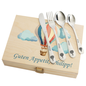 Personalisiertes Besteckset mit bedruckter Holzkiste Heiluftballon