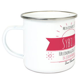 Personalisierte Emaille-Tasse mit sonniger Nachricht