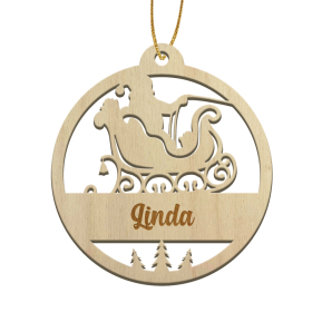 Gestanzte Weihnachtskugel aus Holz mit Gravur Weihnachtsschlitten