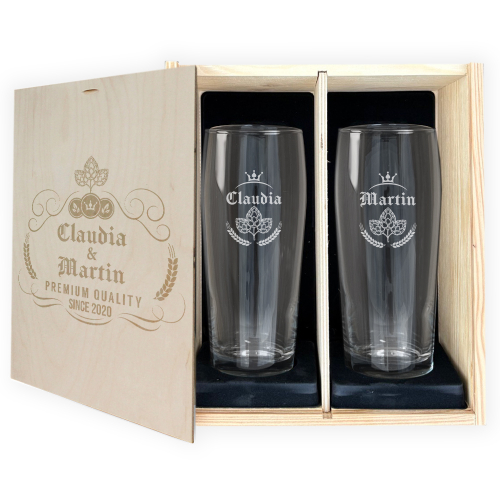 Geschenkset mit 2 Biergläsern mit personalisiertem Etikett