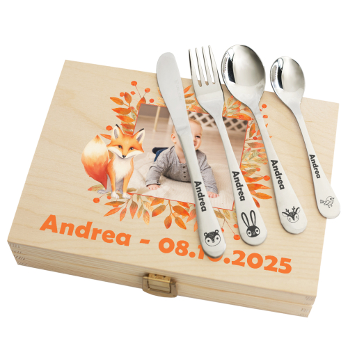 Personalisiertes Kinderbesteck-Set Kleiner Fuchs mit Foto