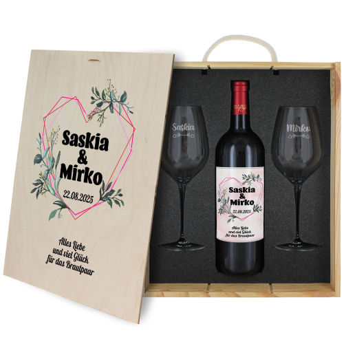 Wein-Geschenkbox zur Hochzeit - blumiges Herz Wein-Geschenkbox zur Hochzeit - blumiges Herz