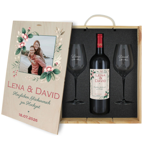 3-teiliges Weinset mit Fotodruck - Blütenrahmen 3-teiliges Weinset mit Fotodruck - Blütenrahmen