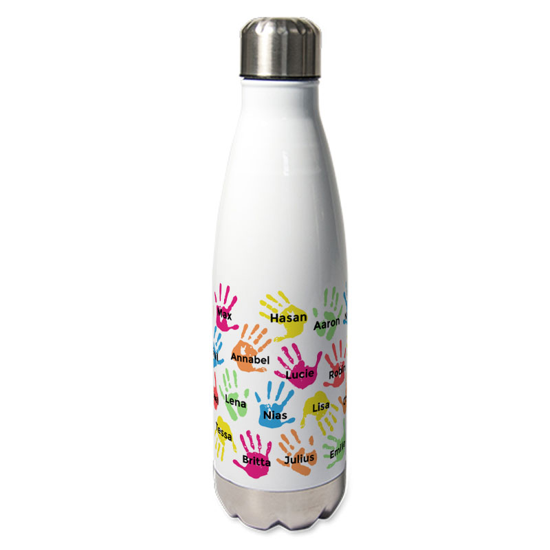 Personalisierte Thermosflasche Bunte Handabdrcke zum Schuljahresende