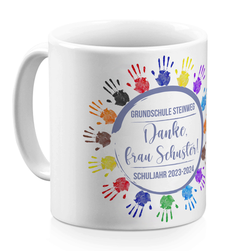 Personalisierte Tasse Handkreis zum Schuljahresende