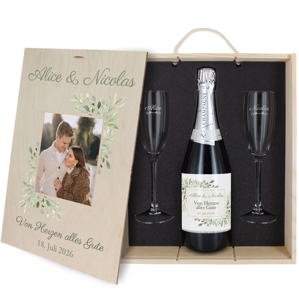 3-teiliges Champagner-Set mit Fotodruck - Floral