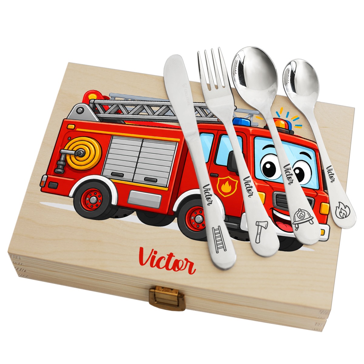 Geschenkset Feuerwehrauto mit personalisiertem Besteck