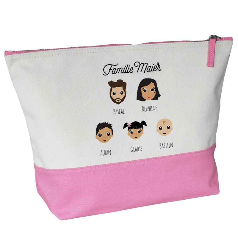 Große zweifarbige Kulturtasche "We Are Family" mit Namen ...