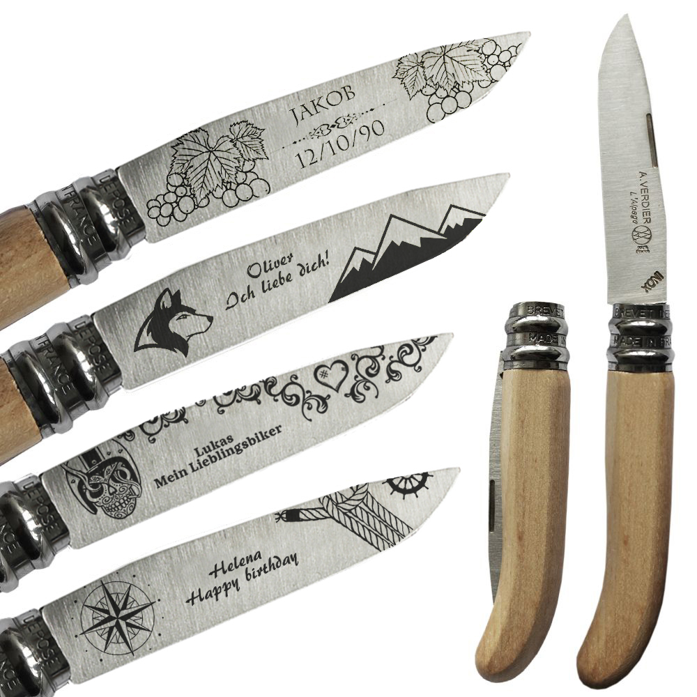 Personalisiertes Taschenmesser aus Buchenholz mit Motivgravur