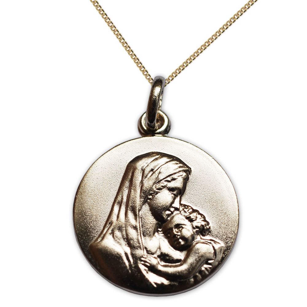 Vergoldetes Taufmedaillon Maria mit Jesuskind mit Gravur